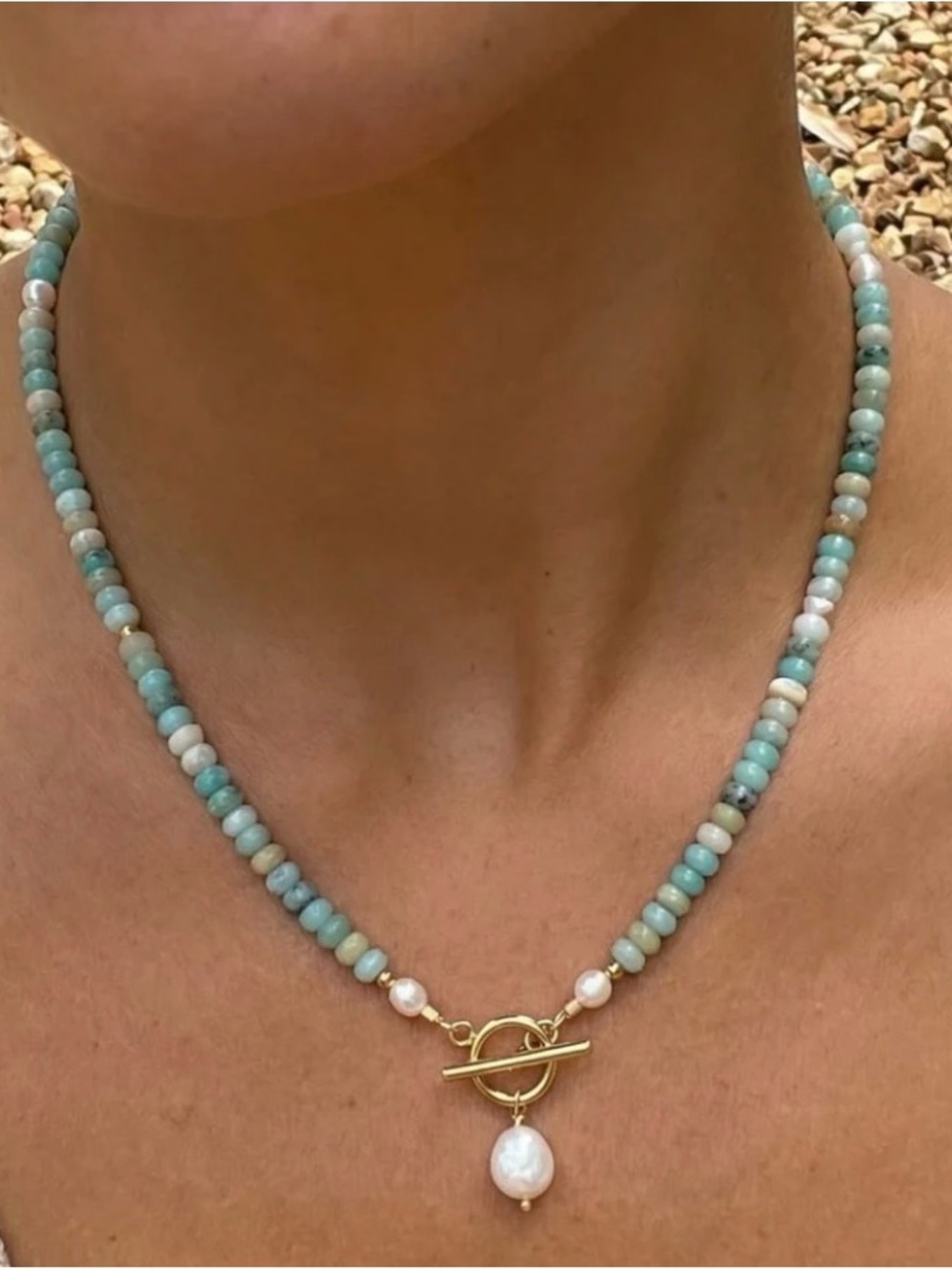 Aqua Amazonite & Freshwater Pearls 20” Gold Toggle Pendant Necklace